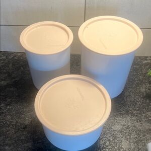 Set of 3 One Touch Canisters White Round Container with pink